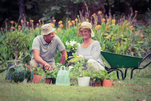 Lawn mowing and hedge trimming in a Shadwell garden
