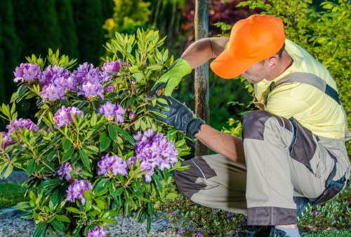 Landscaping team reviewing safety procedures on a worksite